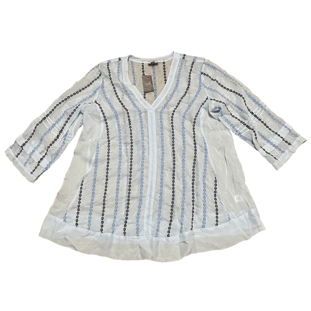 J. Jill Women's L Ice Blue Embroidered Stripe V-Neck Sheer Boho Tunic Top NWT